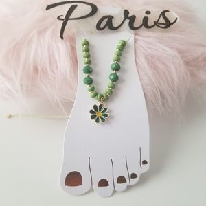 Green Beaded Anklet with Dangling Daisy  Charm New